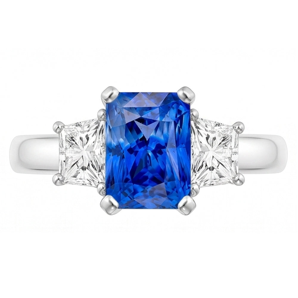 Anello trapezoidale con tre pietre di zaffiro blu taglio radiante a 3 carati