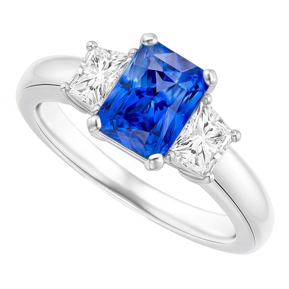Anello trapezoidale con tre pietre di zaffiro blu taglio radiante a 3 carati