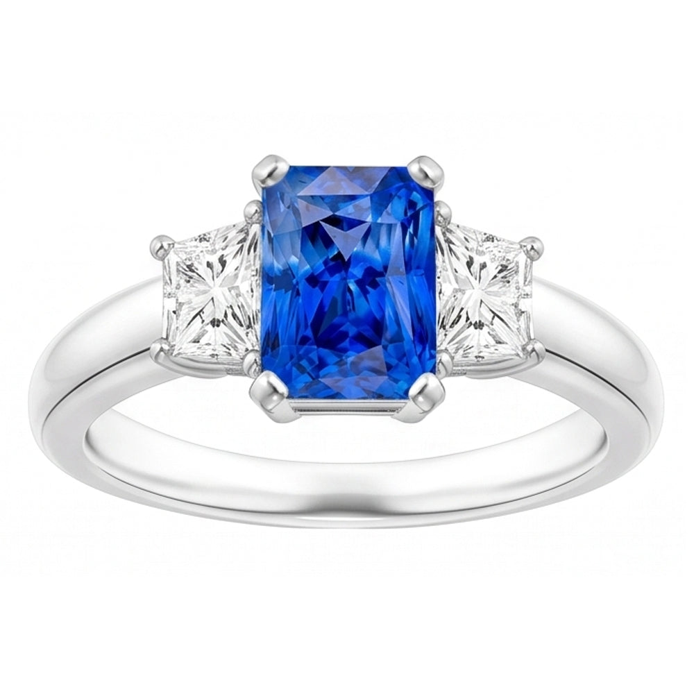 Anello trapezoidale con tre pietre di zaffiro blu taglio radiante a 3 carati