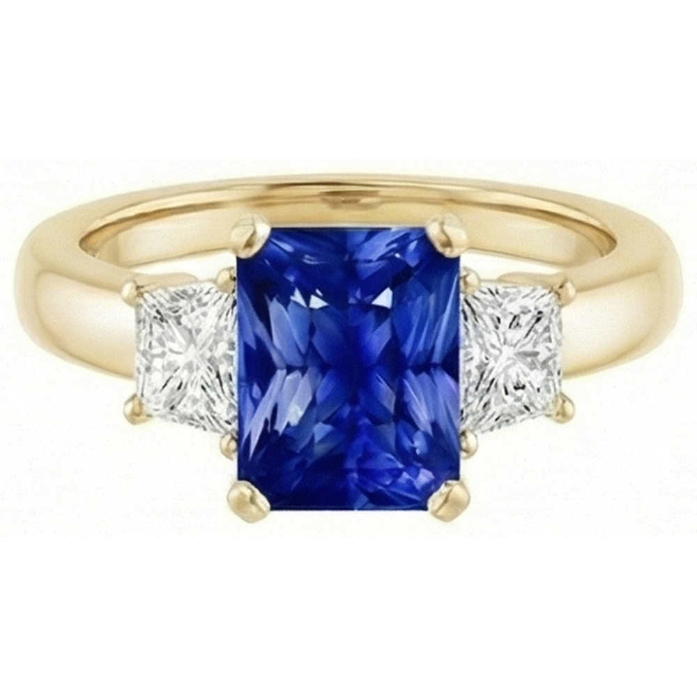 Anello trapezoidale e zaffiro radiante con 3 pietre e diamanti in oro giallo 3 carati
