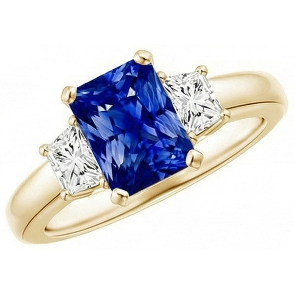 Anello trapezoidale e zaffiro radiante con 3 pietre e diamanti in oro giallo 3 carati