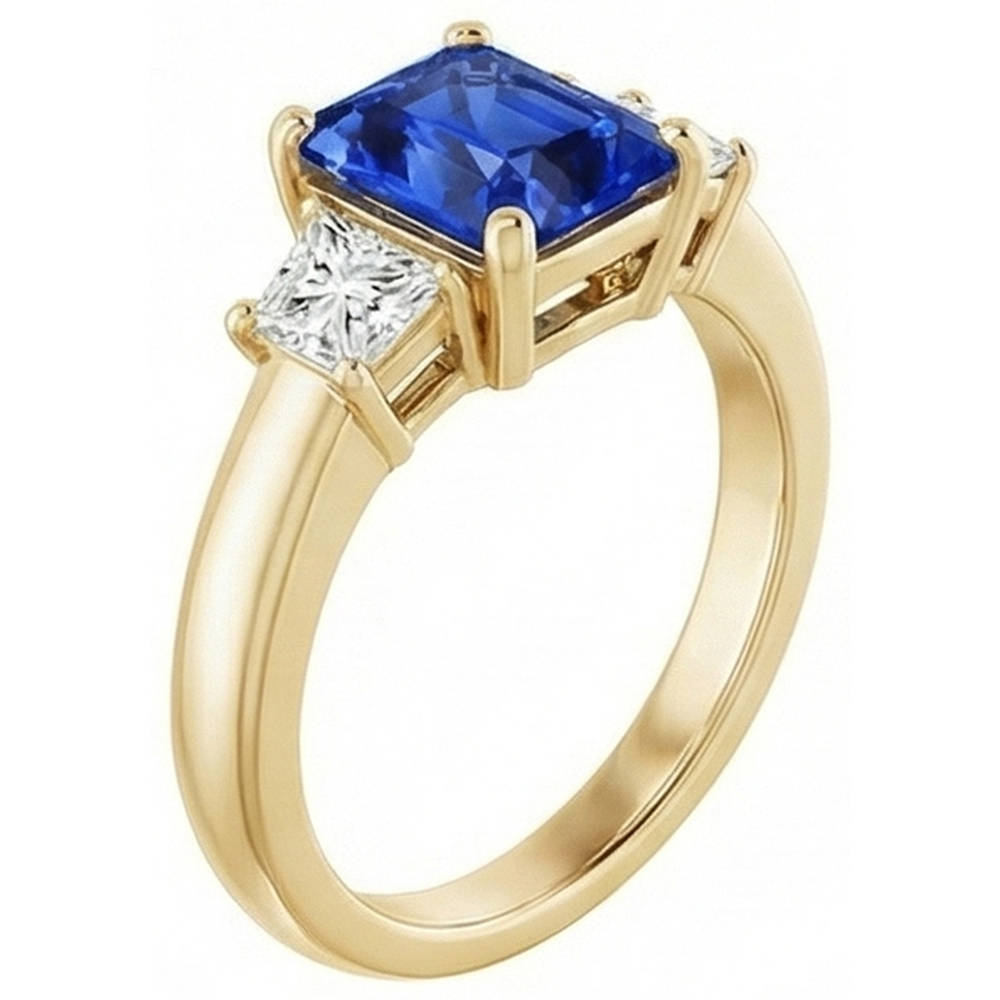 Anello trapezoidale e zaffiro radiante con 3 pietre e diamanti in oro giallo 3 carati