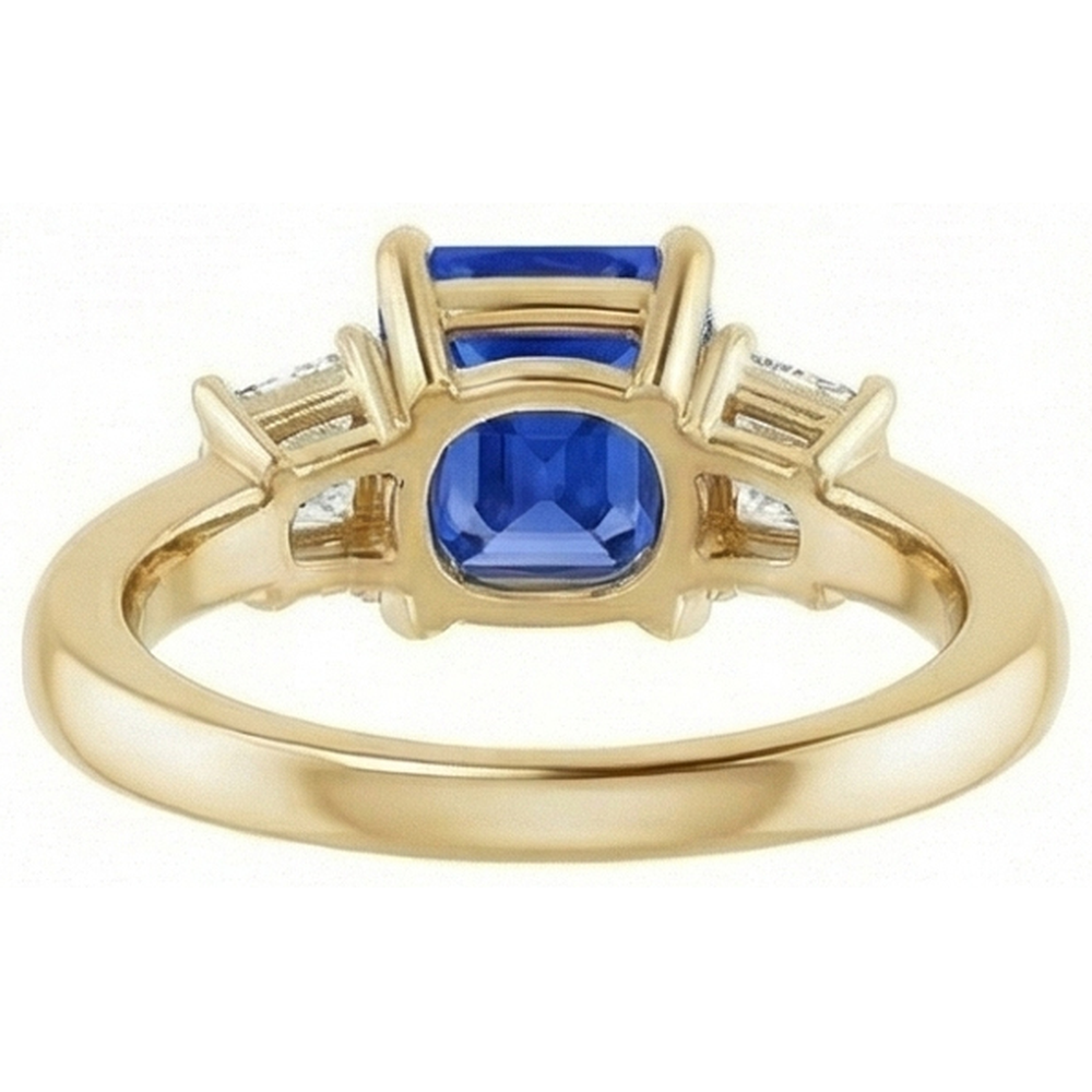 Anello trapezoidale e zaffiro radiante con 3 pietre e diamanti in oro giallo 3 carati