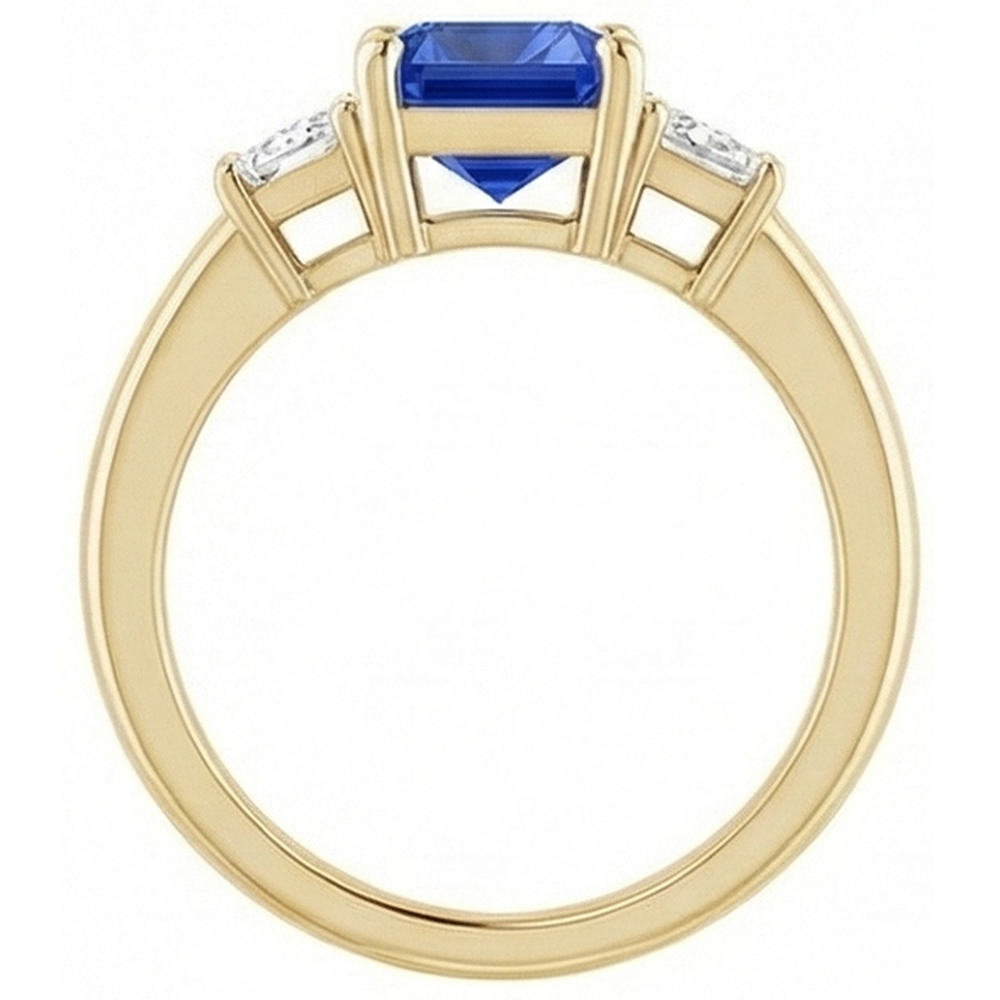 Anello trapezoidale e zaffiro radiante con 3 pietre e diamanti in oro giallo 3 carati