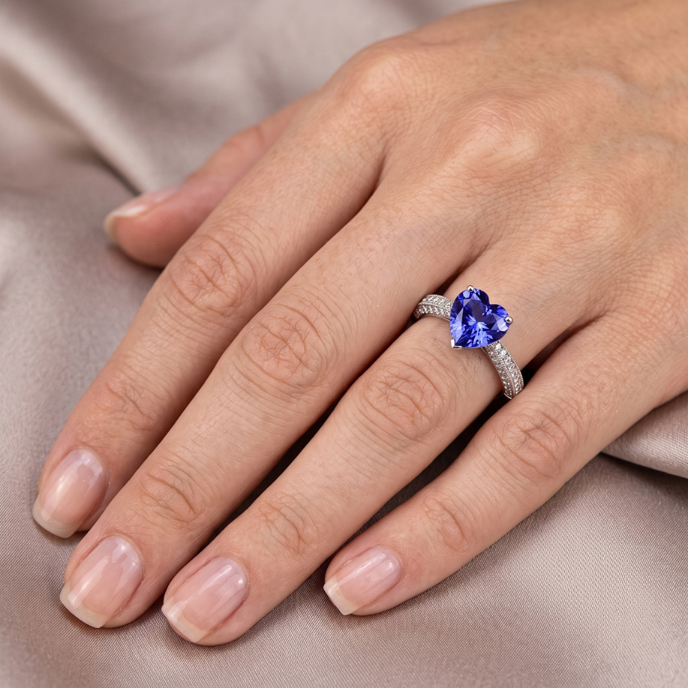 Anello zaffiro blu pietra preziosa 4 carati multi fila pavé di diamanti