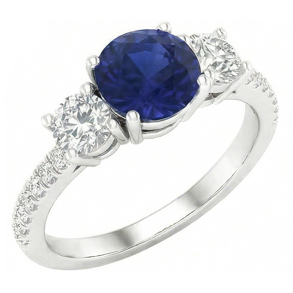 Anello zaffiro rotondo con pietra preziosa 3 diamanti stile pietra 6.50 carati oro