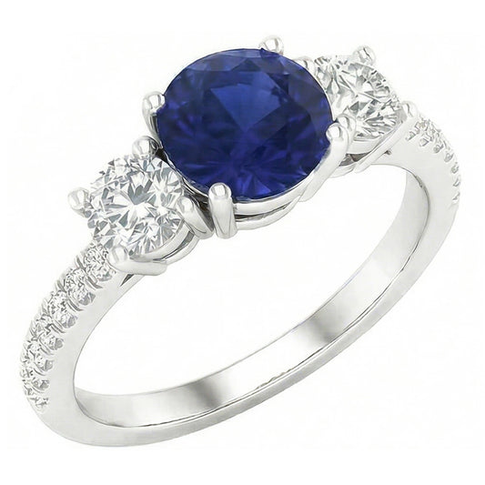 Anello zaffiro rotondo con pietra preziosa 3 diamanti stile pietra 6.50 carati oro
