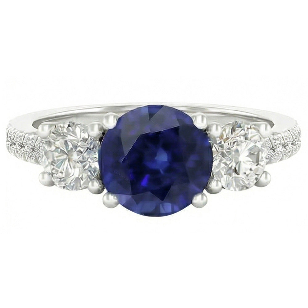 Anello zaffiro rotondo con pietra preziosa 3 diamanti stile pietra 6.50 carati oro
