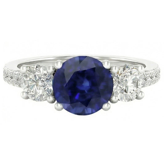 Anello zaffiro rotondo con pietra preziosa 3 diamanti stile pietra 6.50 carati oro