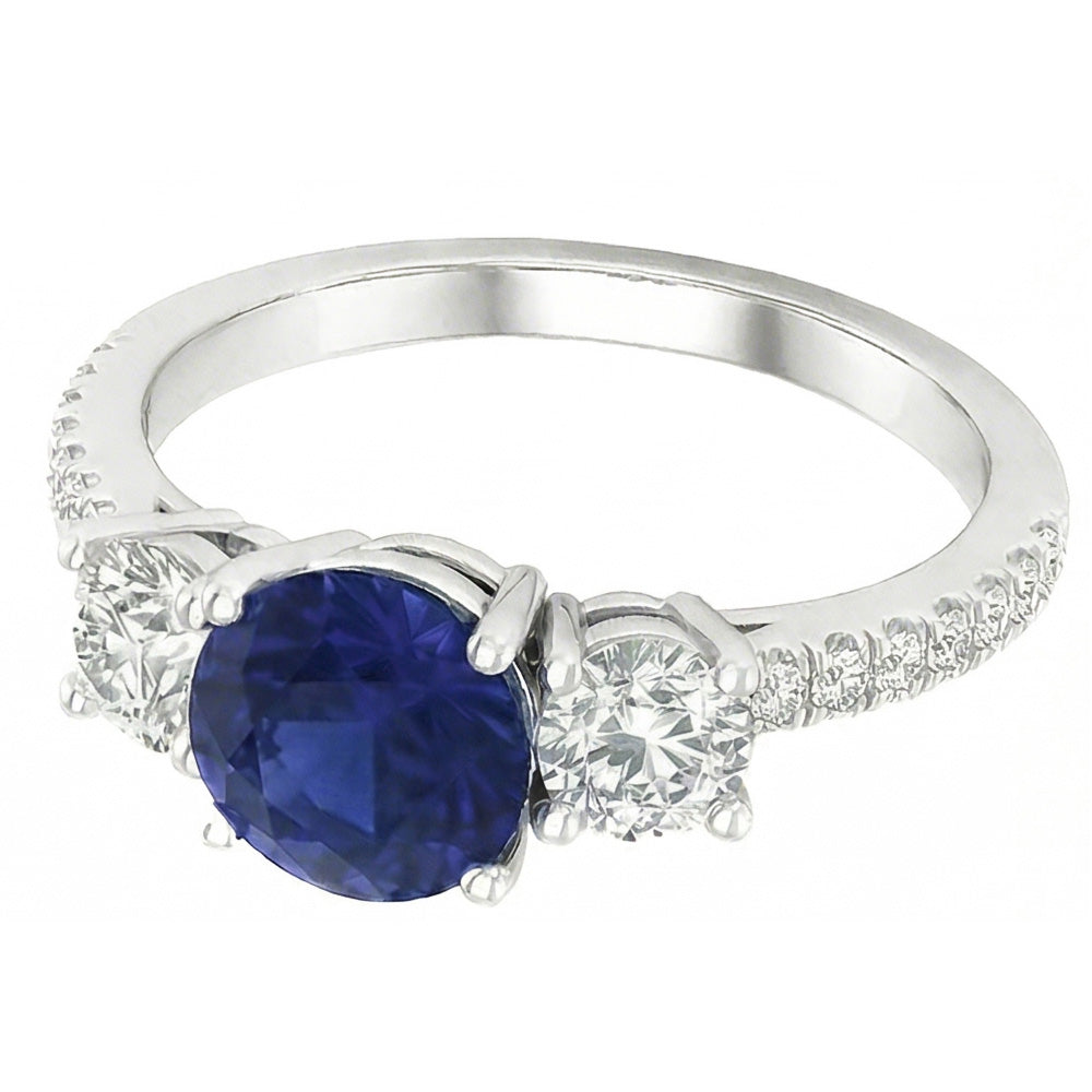 Anello zaffiro rotondo con pietra preziosa 3 diamanti stile pietra 6.50 carati oro
