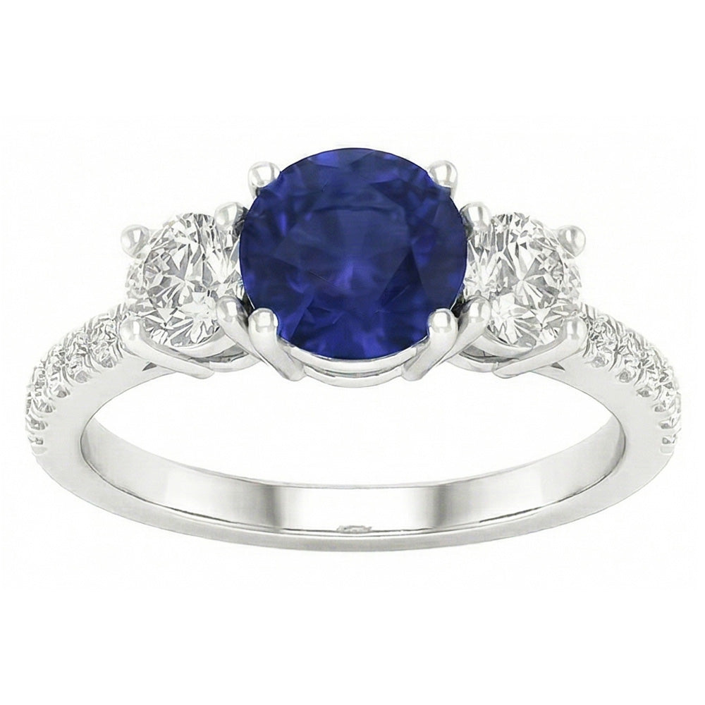 Anello zaffiro rotondo con pietra preziosa 3 diamanti stile pietra 6.50 carati oro