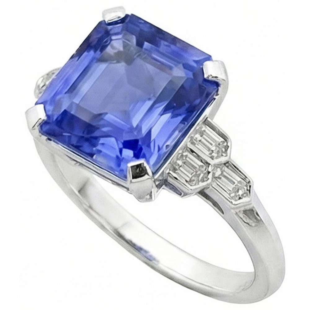 Anello zaffiro smeraldo pietra preziosa 6.50 carati accenti baguette affusolati