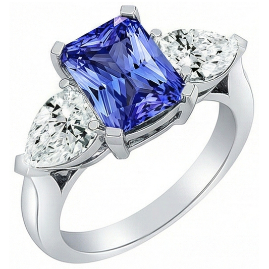 Anello 3 Pietre Cattedrale Incastonatura Pera Diamante Naturale Autentico ( non creato in laboratorio ) Zaffiro Oro Bianco