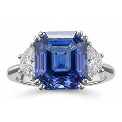 Anello 3 Pietre Diamanti Trapezio Con Zaffiro Blu Asscher 5 Carati