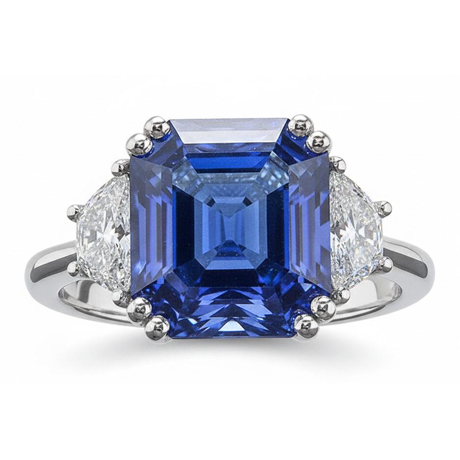 Anello 3 Pietre Diamanti Trapezio Con Zaffiro Blu Asscher 5 Carati