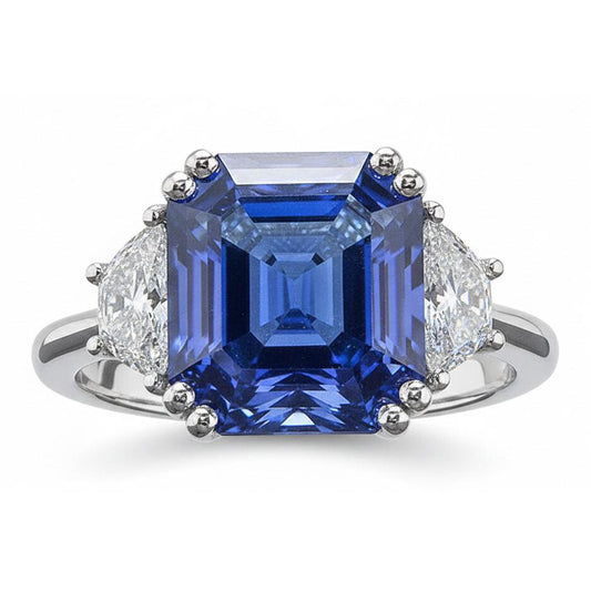 Anello 3 Pietre Diamanti Trapezio Con Zaffiro Blu Asscher 5 Carati