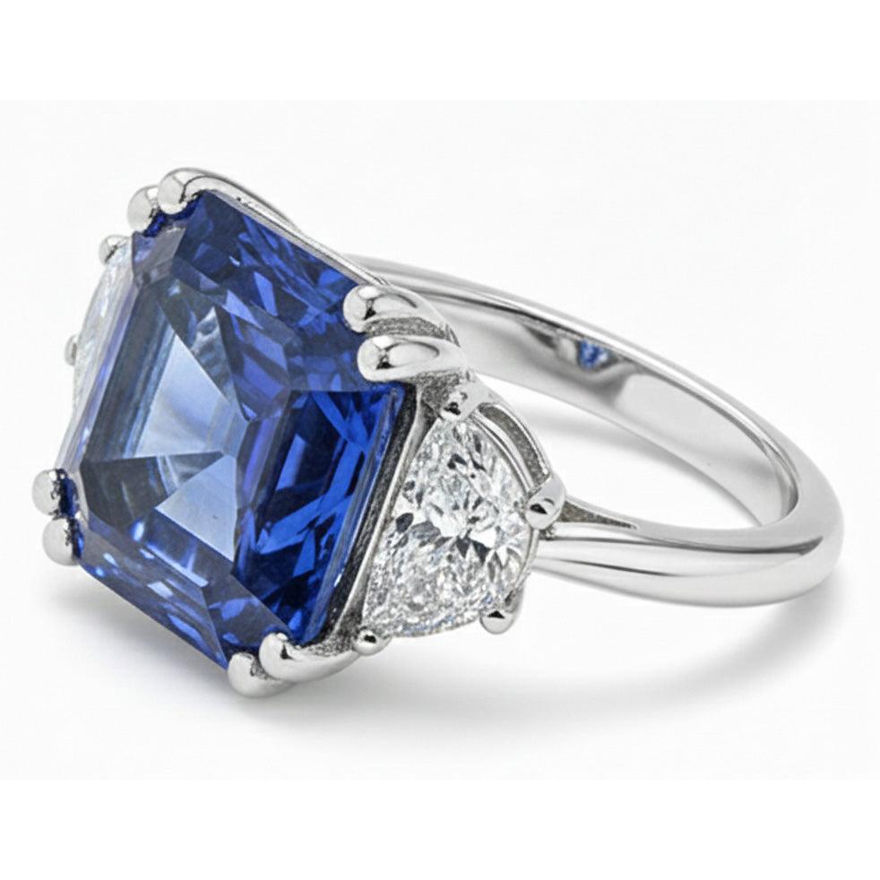 Anello 3 Pietre Diamanti Trapezio Con Zaffiro Blu Asscher 5 Carati