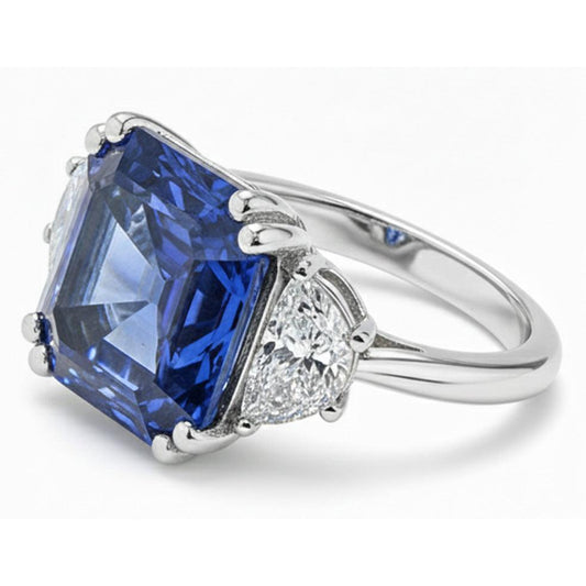 Anello 3 Pietre Diamanti Trapezio Con Zaffiro Blu Asscher 5 Carati