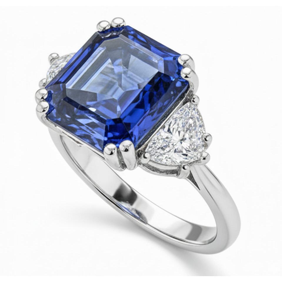 Anello 3 Pietre Diamanti Trapezio Con Zaffiro Blu Asscher 5 Carati