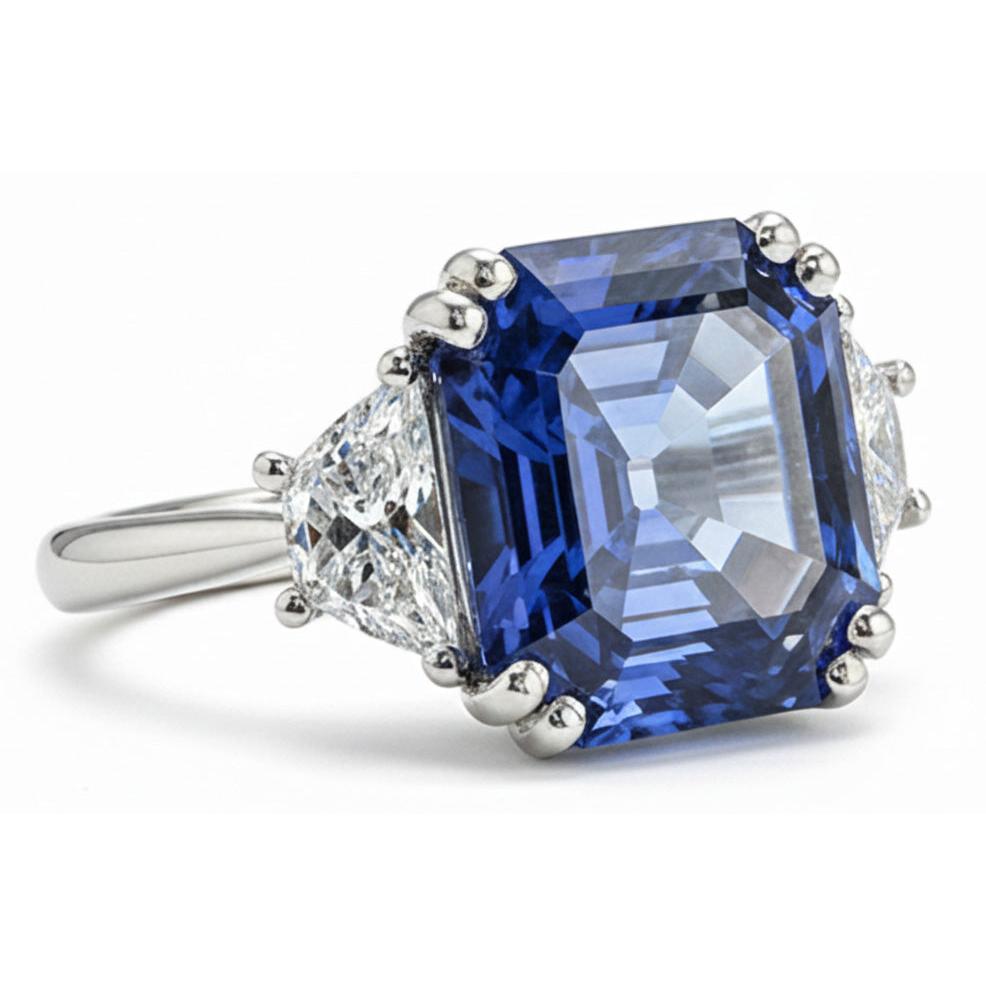 Anello 3 Pietre Diamanti Trapezio Con Zaffiro Blu Asscher 5 Carati