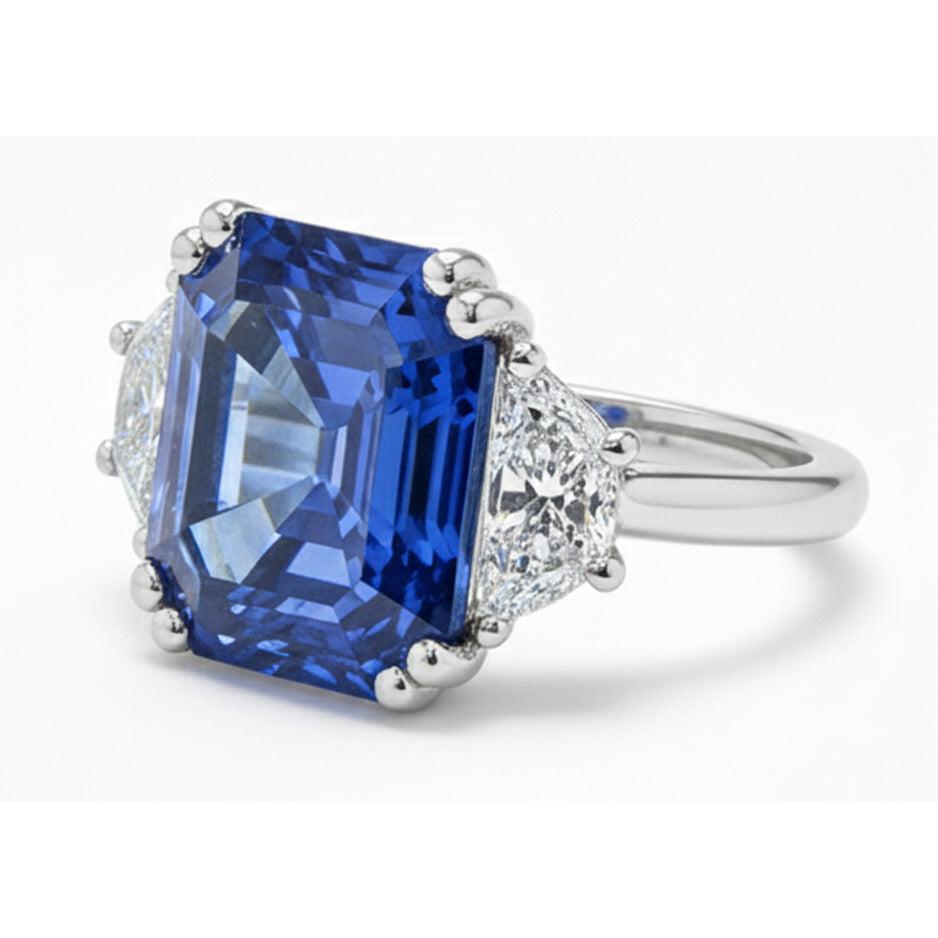 Anello 3 Pietre Diamanti Trapezio Con Zaffiro Blu Asscher 5 Carati