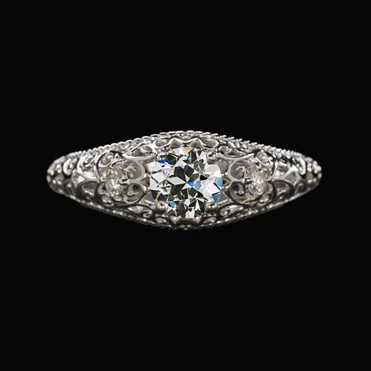 Anello 3 Pietre Tondo Naturale Diamante Taglio Vecchio Filigrana Stile Antico 1,25 Carati