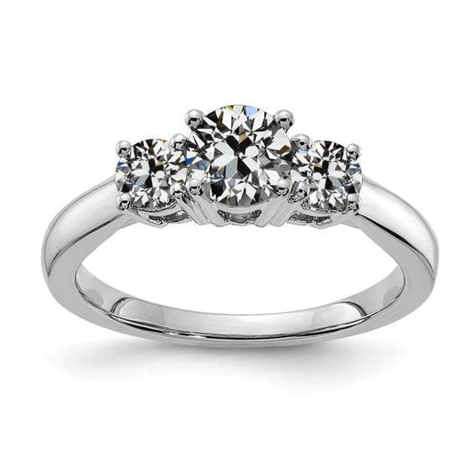 Anello 3 Pietre Tondo Vecchio Miniera Taglio Vero Diamante Gioielli In Oro Bianco 3 Carati