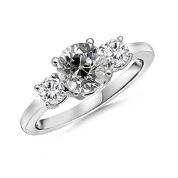 Anello A Tre Pietre Con Vero Diamanti Rotondi Taglio Antico 2 Carati In Oro Bianco 14K