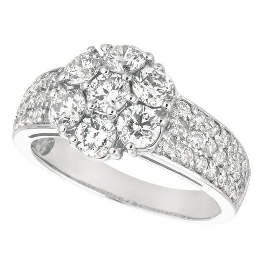 Anello Anniversario In Oro Bianco Stile Fiore Con Naturale Diamante Rotondo Da 2.02 Carati
