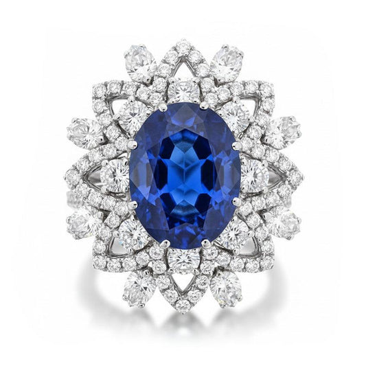 Anello Anniversario con Zaffiro Blu Diamanti 9.75 Carati Oro Bianco 14K