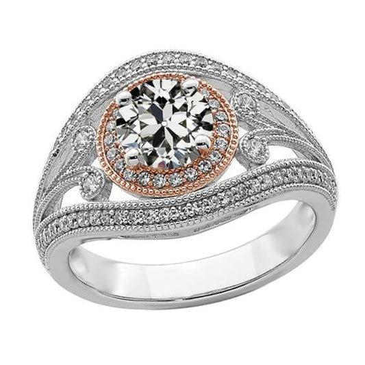 Anello Aureola Bicolore Da 4 Carati Con Genuino Diamante A Taglio Vecchio Miniera Milgrain
