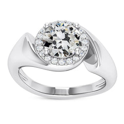 Anello Aureola Con Genuino Diamante Taglio Vecchia Miniera Oro Con Gambo Intrecciato 5.50 Carati