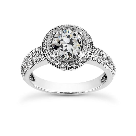 Anello Aureola Con Naturale Diamante Taglio Antico Rotondo In Stile Antico, Oro 14K, 4 Carati