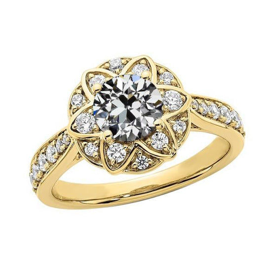Anello Aureola Con Naturale Diamante Taglio Antico Rotondo, Stile Stella, Oro 14K, 4,25 Carati