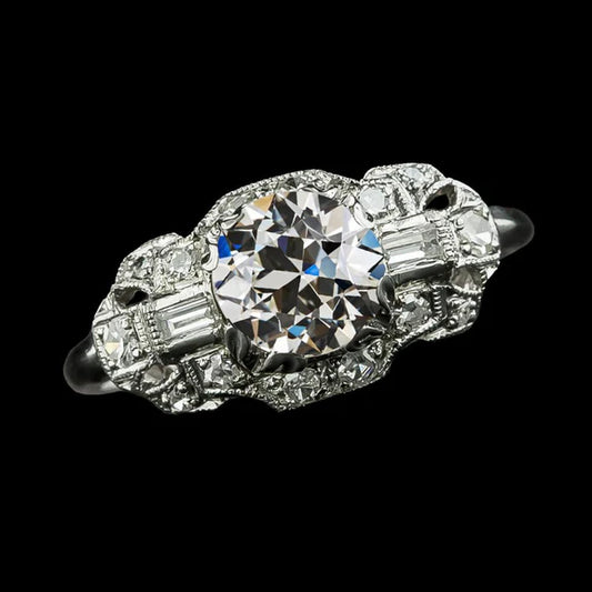 Anello Baguette Con Vero Diamanti Rotondi Halo Old European Antique 4.50 Carati