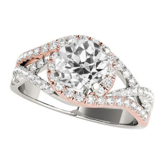 Anello Bicolore Con Alone, Taglio Antico, Naturale Diamante Rotondo, Gambo Diviso, 5 Carati