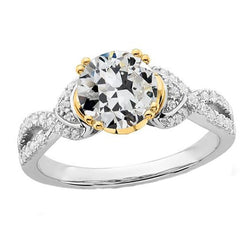Anello Bicolore Con Genuino Diamante Taglio Vecchio Miniera, Gambo Diviso, 4,50 Carati, Oro 14K