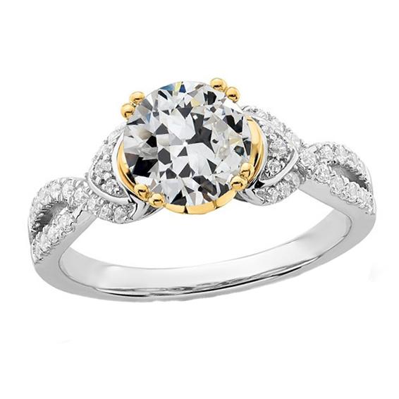 Anello Bicolore Con Genuino Diamante Taglio Vecchio Miniera, Gambo Diviso, 4,50 Carati, Oro 14 Carati