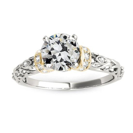 Anello Bicolore Con Genuino Diamanti A Taglio Antico Stile Antico In Filigrana D'Oro 2,50 Carati