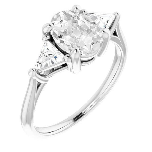 Anello Cattedrale Con 3 Pietre Trilione E Genuino Diamante Ovale Vecchio Minatore Con Montatura Da 6 Carati