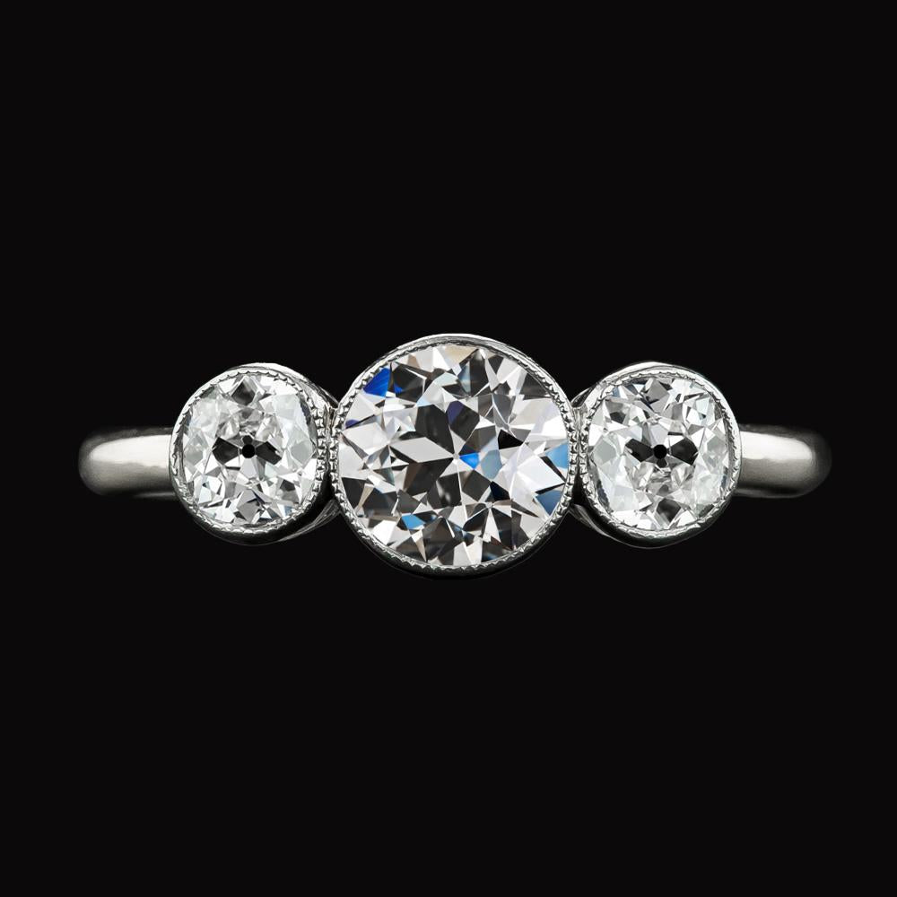 Anello Con 3 Pietre, Tondo Con Genuino Diamanti Taglio Antico Gioielli In Oro Bianco 4 Carati