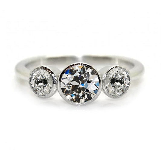 Anello Con 3 Pietre, Tondo Con Genuino Diamanti Taglio Antico Gioielli In Oro Bianco 4 Carati