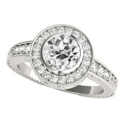 Anello Con Castone Rotondo Con Genuino Diamanti Taglio Antico Halo Set 3,75 Carati In Oro Bianco