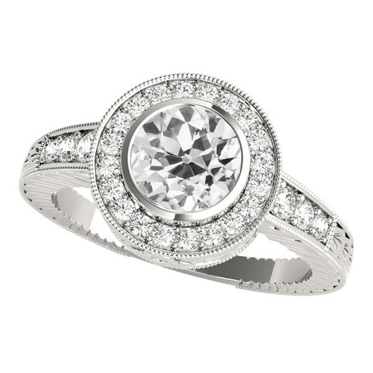 Anello Con Castone Rotondo Con Genuino Diamanti Taglio Antico Halo Set 3,75 Carati In Oro Bianco