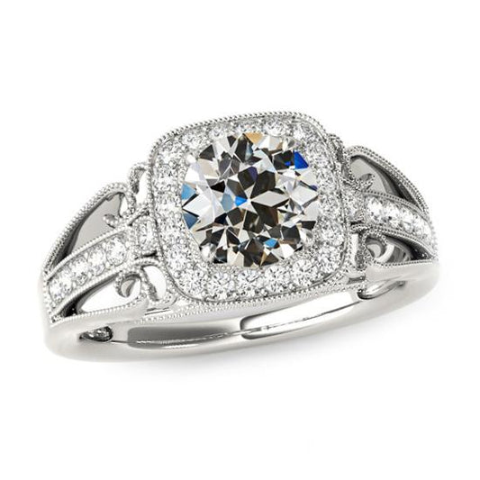Anello Con Genuino Diamante Halo Milligrain A Taglio Vecchio Stile Antico 4,50 Carati