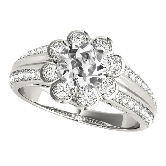 Anello Con Genuino Diamante Rotondo Taglio Antico Halo Stile Fiore 5 Carati Con Gambo Affusolato