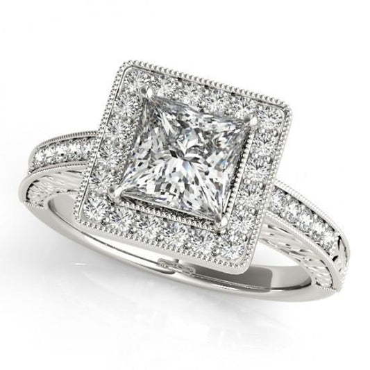 Anello Con Genuino Diamanti Princess Halo Con Accenti Da 1.50 Ct. Oro Bianco 14K