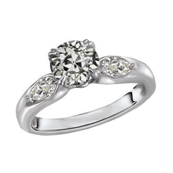 Anello Con Tre Pere E Naturale Diamanti Rotondi A Taglio Vecchio Miniera In Oro Bianco 4 Carati