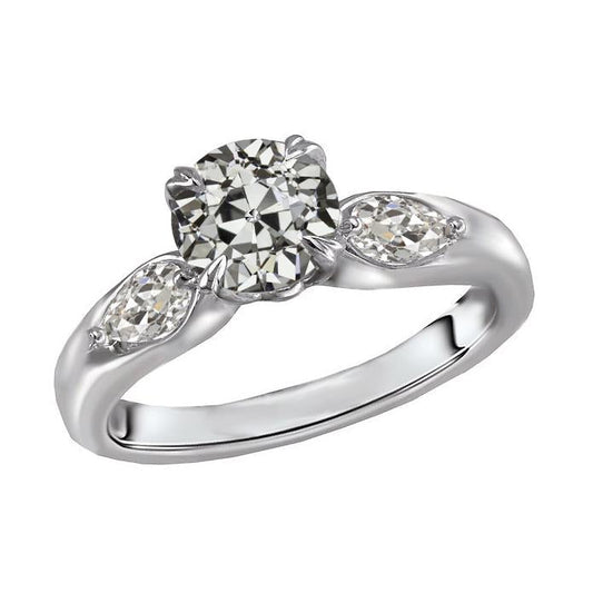 Anello Con Tre Pere E Naturale Diamanti Rotondi A Taglio Vecchio Miniera In Oro Bianco 4 Carati
