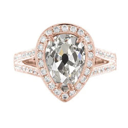 Anello Con Vero Diamante A Pera Taglio Antico Con Gambo Diviso 3.50 Carati In Oro Rosa